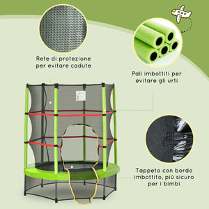 Trampolino Tappeto Elastico per Bambini Ø140x160 cm in Metallo Verde e Nero