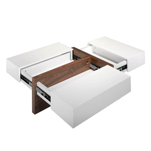 Tavolino 120x70x35 cm in legno bianco con cassetti e legno di noce