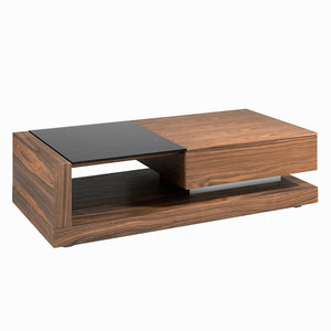 Tavolino 130x70x36 cm in legno di noce e vetro colorato nero con cassetto