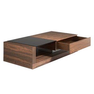 Tavolino 130x70x36 cm in legno di noce e vetro colorato nero con cassetto