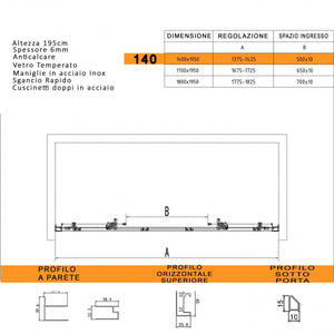 Porta Parete Doccia 2 Ante Scorrevoli in Cristallo Trasparente 6mm H195 Bonussi Vivian 140 cm