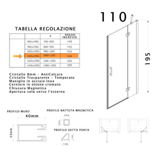 Porta Parete Doccia 110 cm 1 Anta Battente in Cristallo Trasparente 8mm H195 Bonussi Isabel