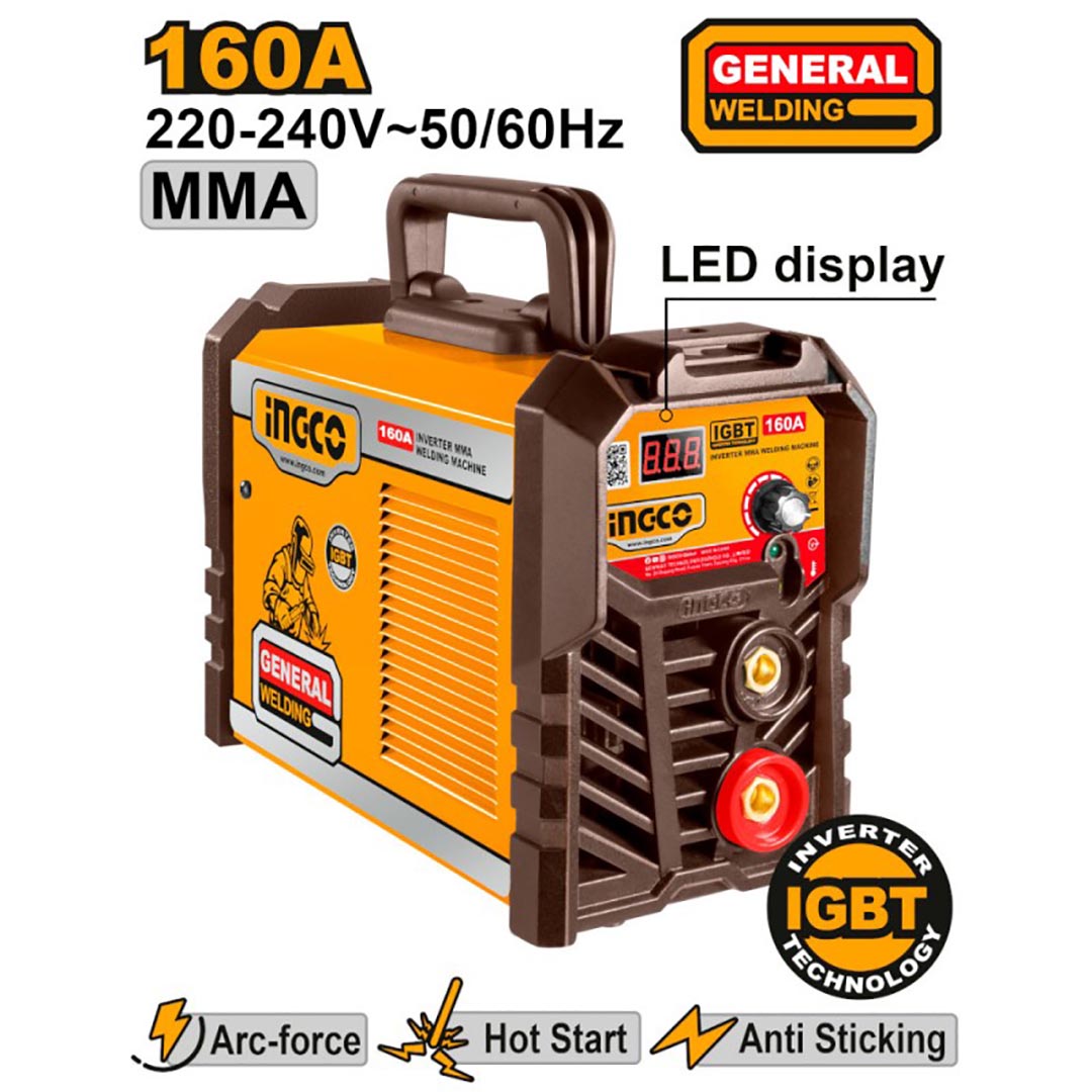 Saldatrice inverter MMA 160 A con display led Arc force Hot start Ingco ING-MMA16021E