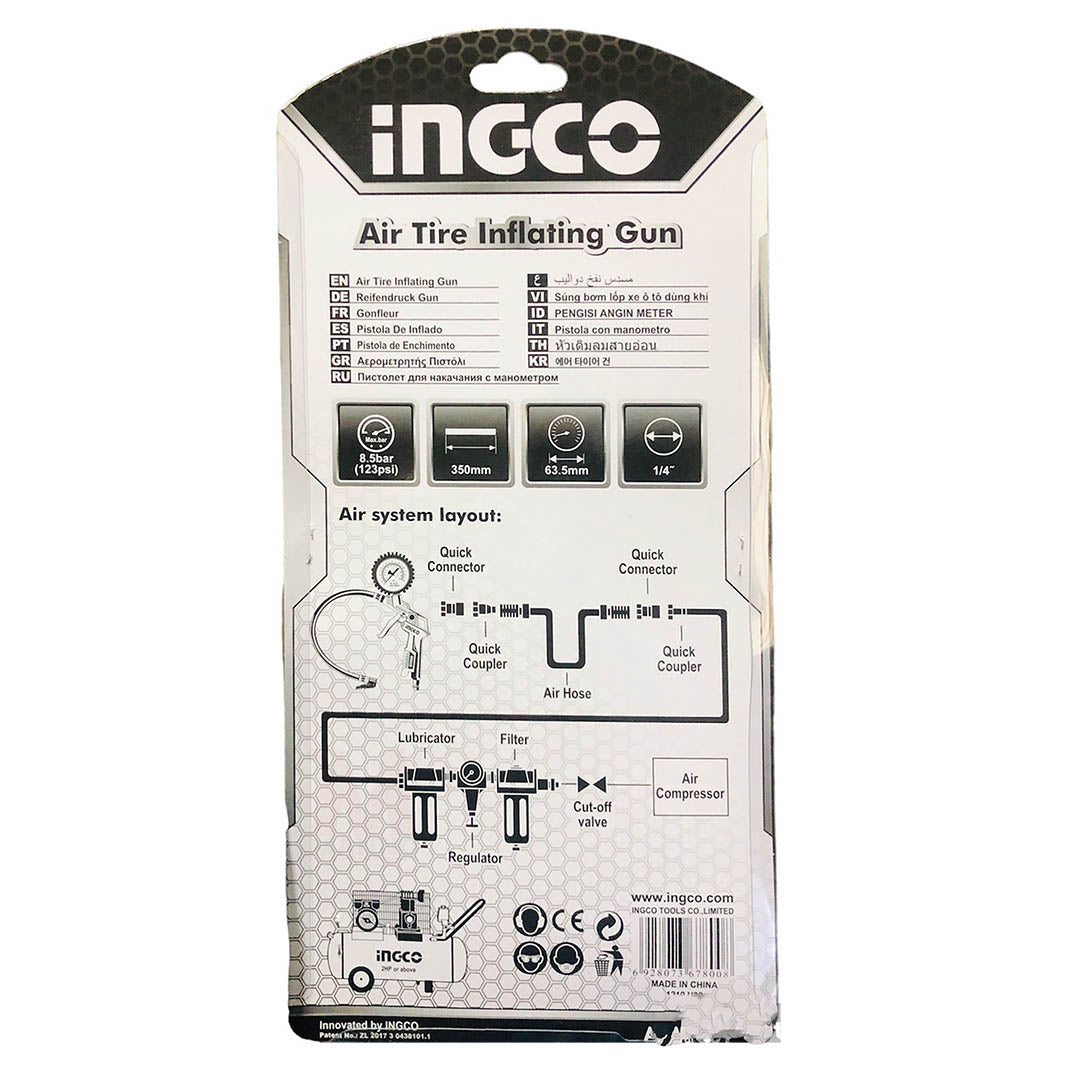 Pistola per gonfiaggio con manometro 8,5 bar Ingco Atg0601