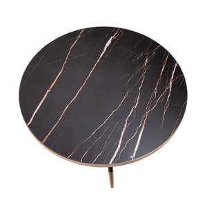 Tavolino rotondo in marmo porcellanato nero e acciaio con vasca cromata color bronzo.