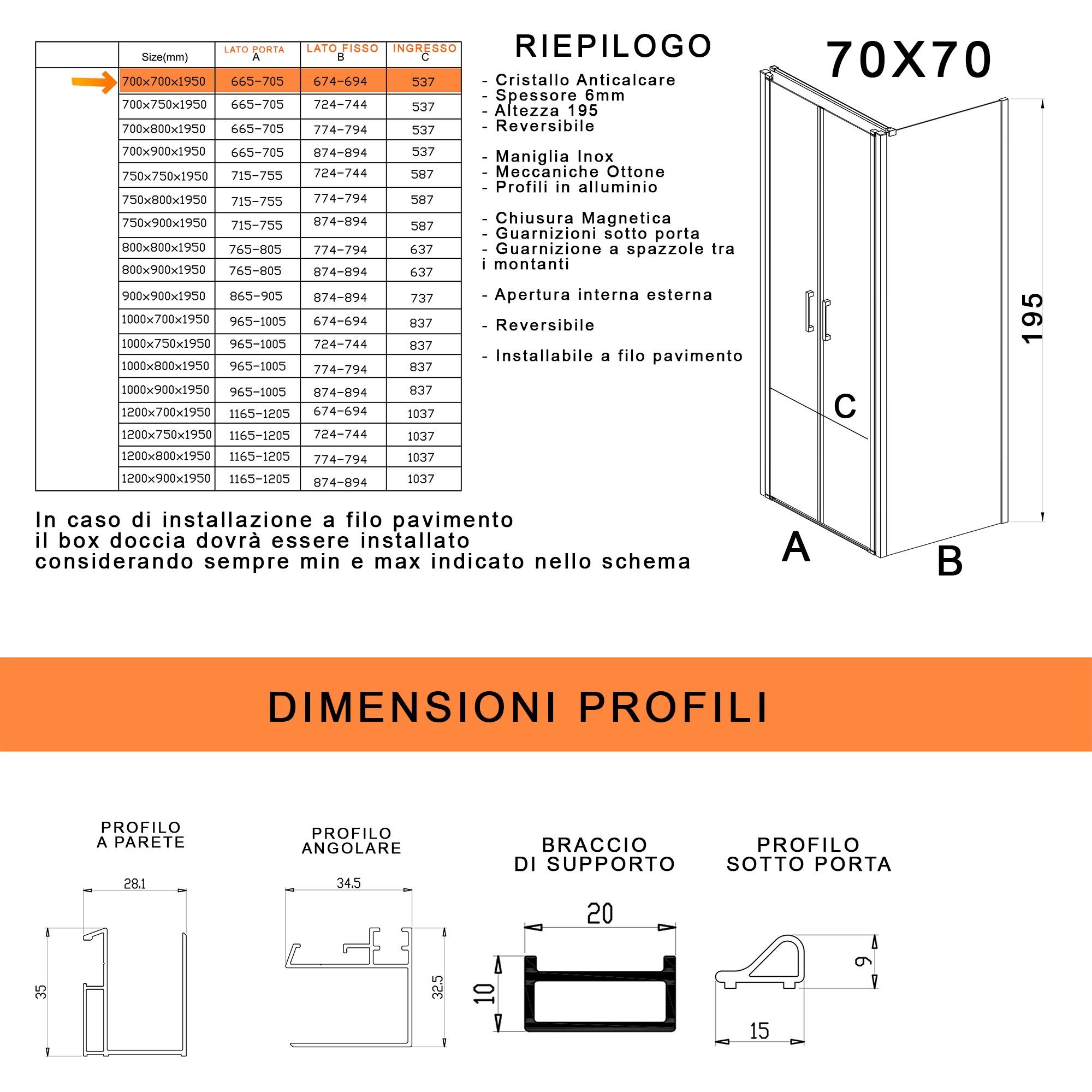 Box Doccia angolare 70x70 cm 2 ante Saloon in Cristallo trasparente 6mm H195 Bonussi Marty