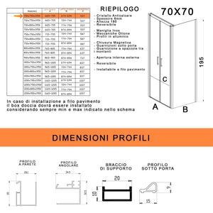 Box Doccia angolare 70x70 cm 2 ante Saloon in Cristallo trasparente 6mm H195 Bonussi Marty