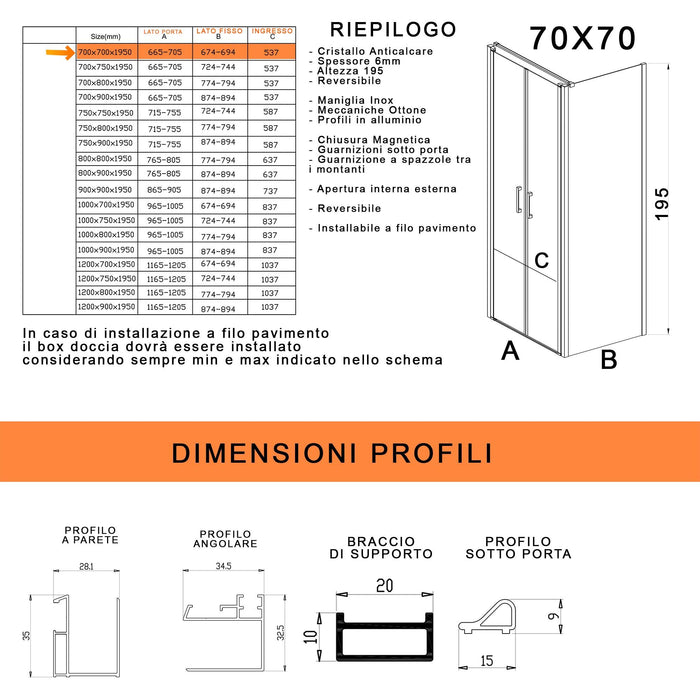 Box Doccia angolare 70x70 cm 2 ante Saloon in Cristallo trasparente 6mm H195 Bonussi Marty