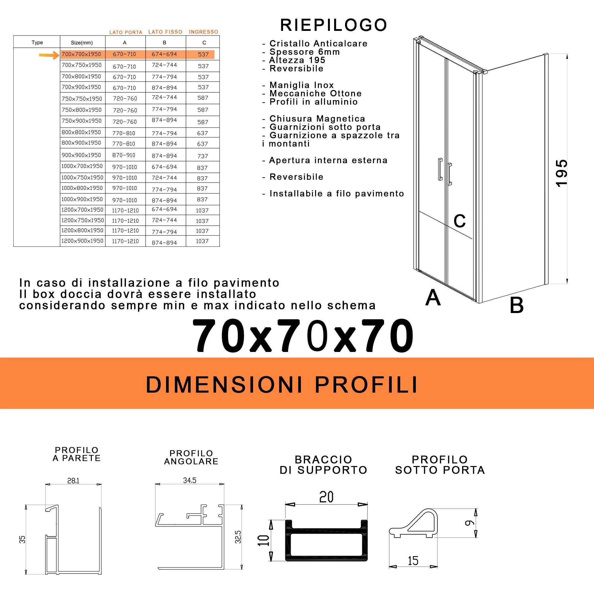 Box Doccia 3 Lati 2 Ante Saloon in Cristallo Trasparente 6mm H195 Bonussi Marty 70x70x70 cm