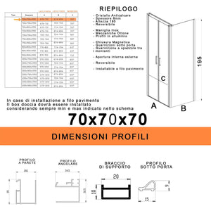 Box Doccia 3 Lati 2 Ante Saloon in Cristallo Trasparente 6mm H195 Bonussi Marty 70x70x70 cm