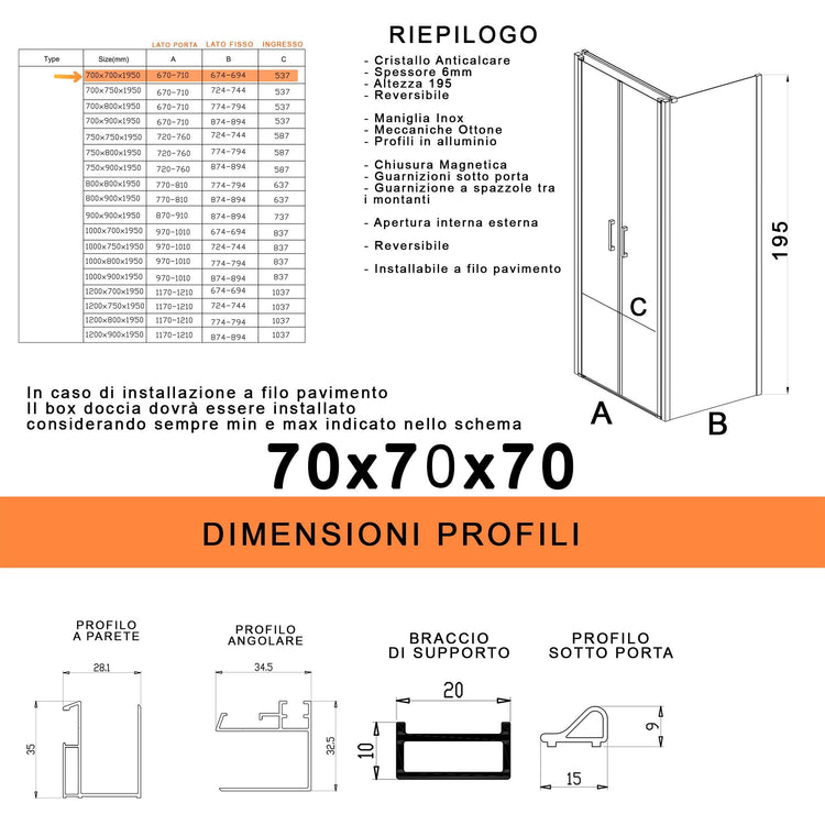 Box Doccia 3 Lati 2 Ante Saloon in Cristallo Trasparente 6mm H195 Bonussi Marty 70x70x70 cm