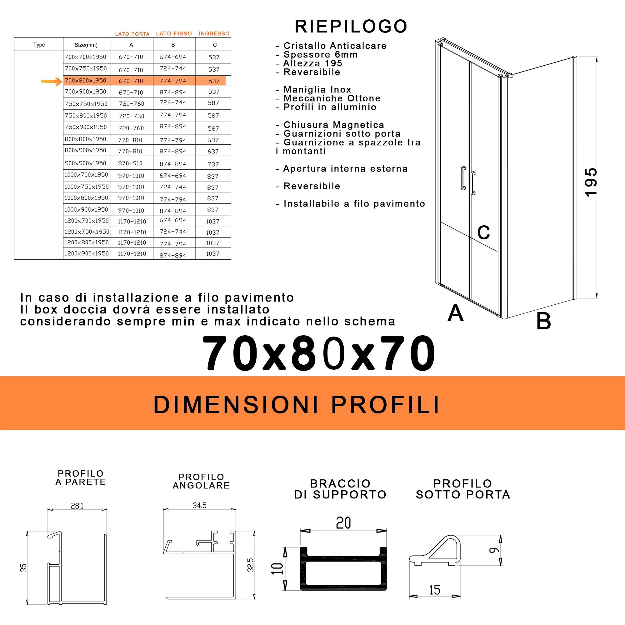 Box Doccia 3 Lati 70x80x70 cm 2 Ante Saloon in Cristallo Trasparente 6mm H195 Bonussi Marty