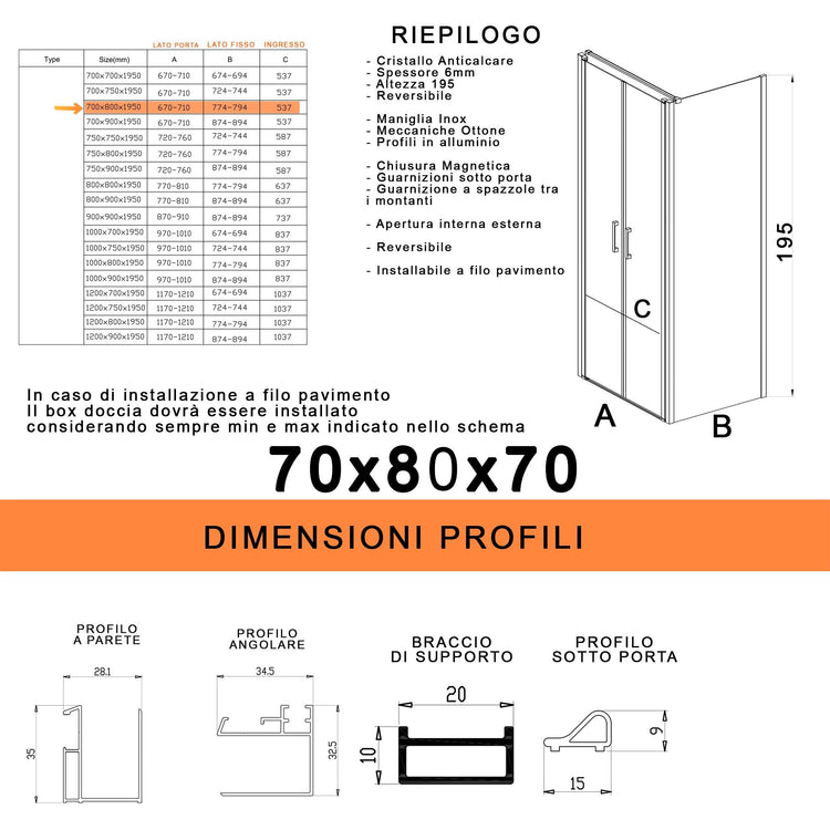 Box Doccia 3 Lati 70x80x70 cm 2 Ante Saloon in Cristallo Trasparente 6mm H195 Bonussi Marty