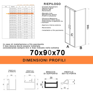 Box Doccia 3 Lati 70x90x70 cm 2 Ante Saloon in Cristallo Trasparente 6mm H195 Bonussi Marty