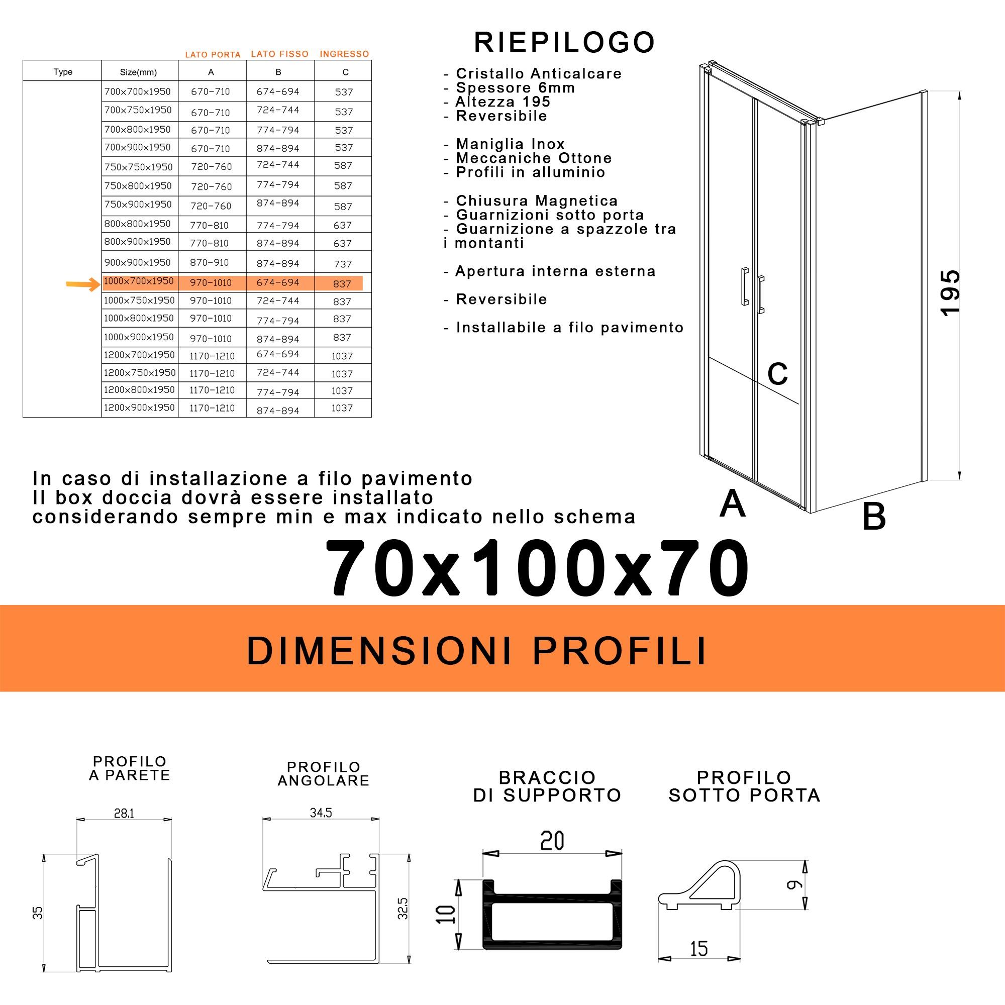 Box Doccia 3 Lati 70x100x70 cm 2 Ante Saloon in Cristallo Trasparente 6mm H195 Bonussi Marty