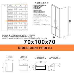 Box Doccia 3 Lati 70x100x70 cm 2 Ante Saloon in Cristallo Trasparente 6mm H195 Bonussi Marty