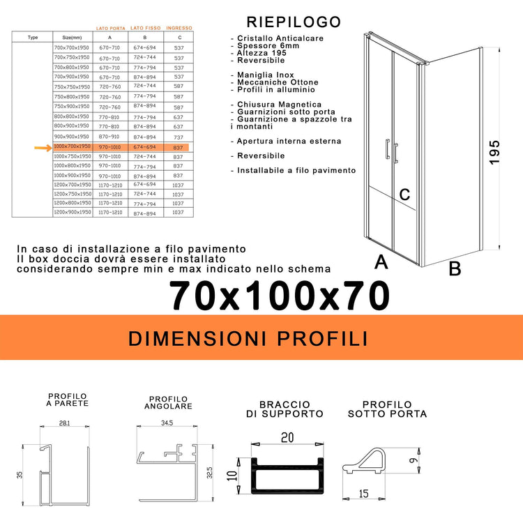 Box Doccia 3 Lati 70x100x70 cm 2 Ante Saloon in Cristallo Trasparente 6mm H195 Bonussi Marty