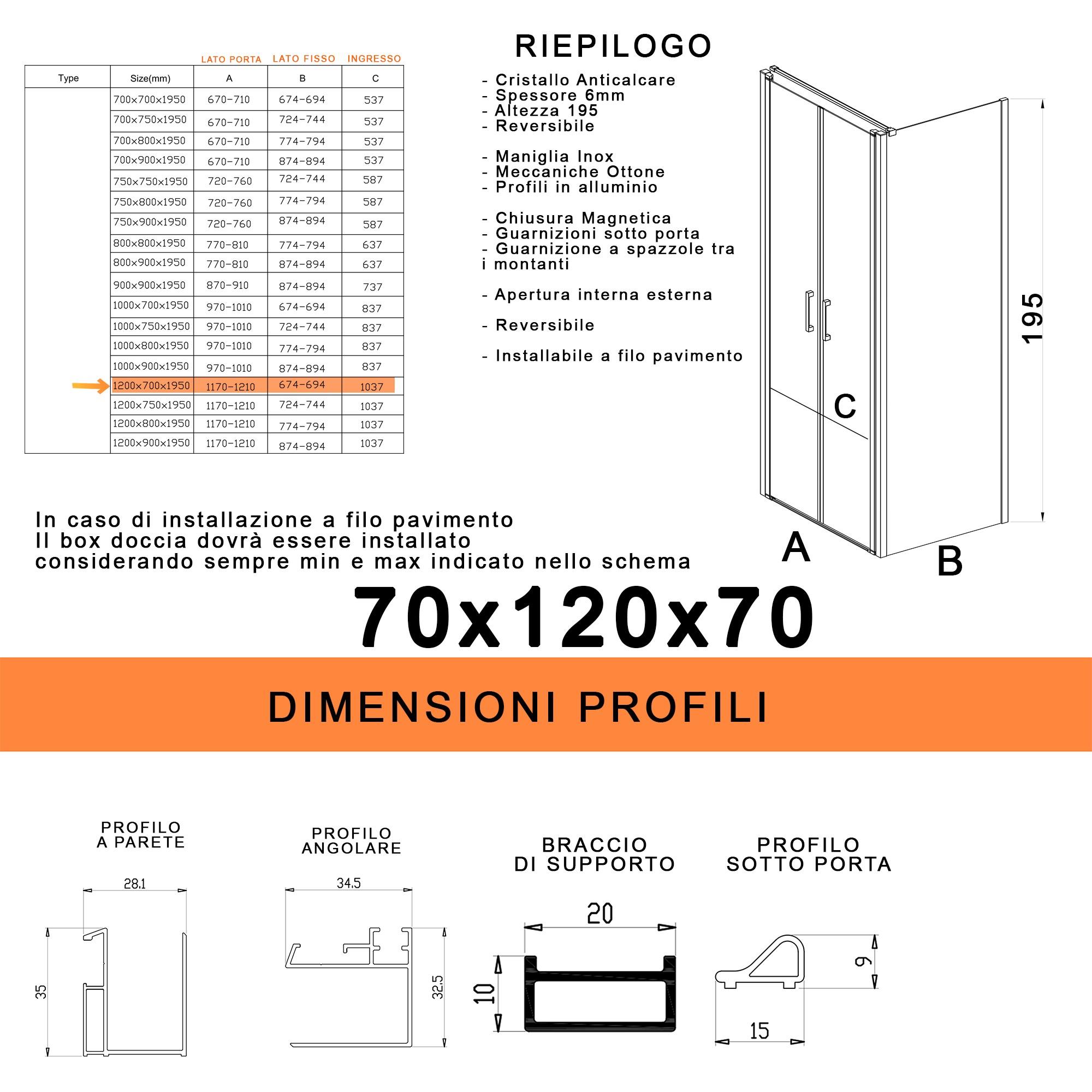 Box Doccia 3 Lati 70x120x70 cm 2 Ante Saloon in Cristallo Trasparente 6mm H195 Bonussi Marty