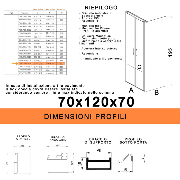 Box Doccia 3 Lati 70x120x70 cm 2 Ante Saloon in Cristallo Trasparente 6mm H195 Bonussi Marty