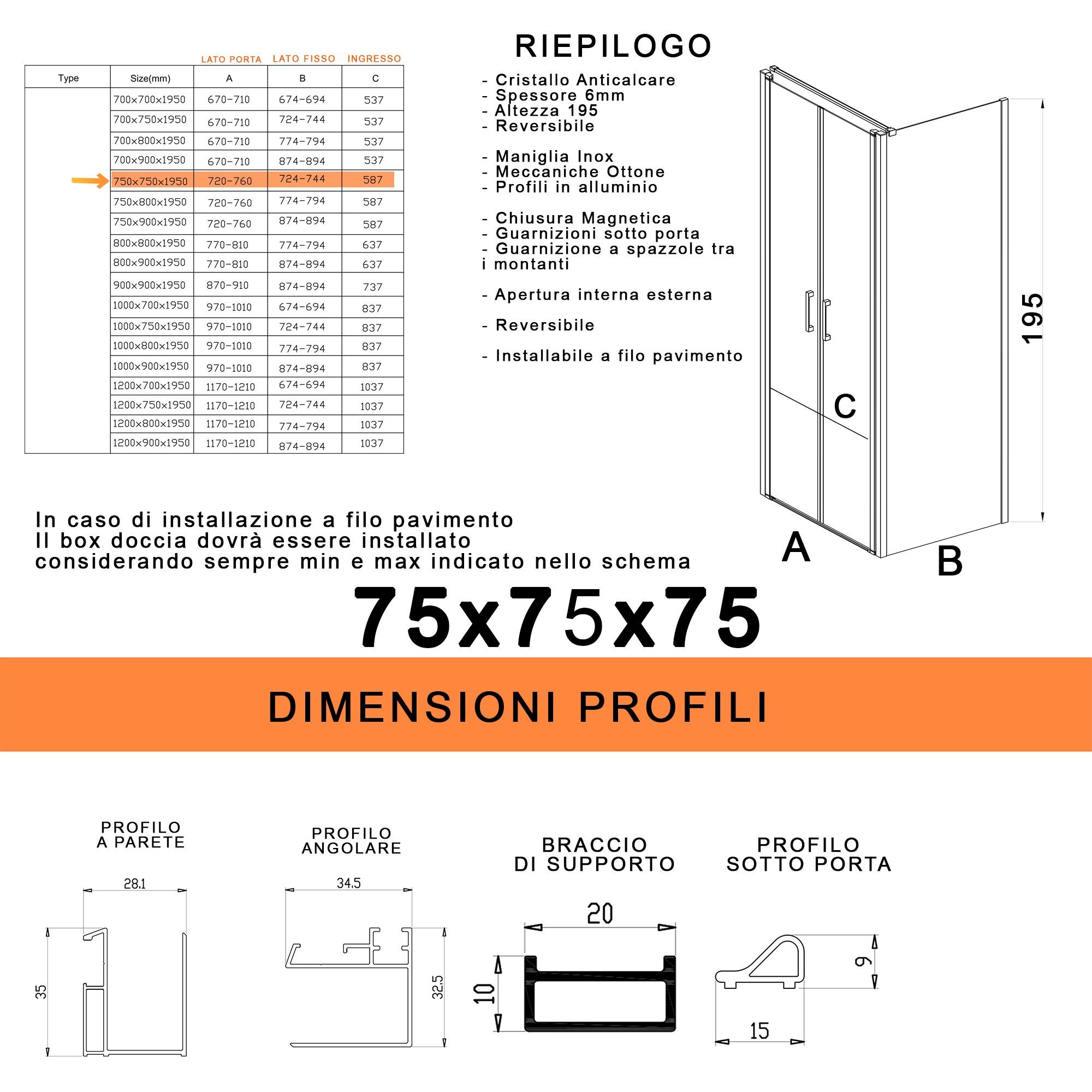 Box Doccia 3 Lati 75x75x75 cm 2 Ante Saloon in Cristallo Trasparente 6mm H195 Bonussi Marty