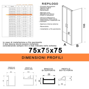 Box Doccia 3 Lati 75x75x75 cm 2 Ante Saloon in Cristallo Trasparente 6mm H195 Bonussi Marty