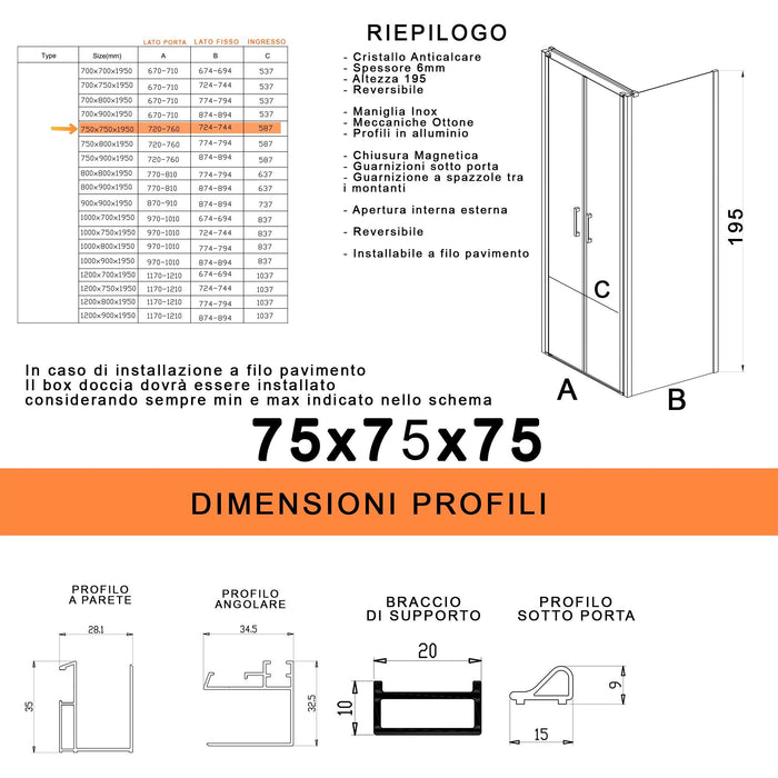 Box Doccia 3 Lati 75x75x75 cm 2 Ante Saloon in Cristallo Trasparente 6mm H195 Bonussi Marty