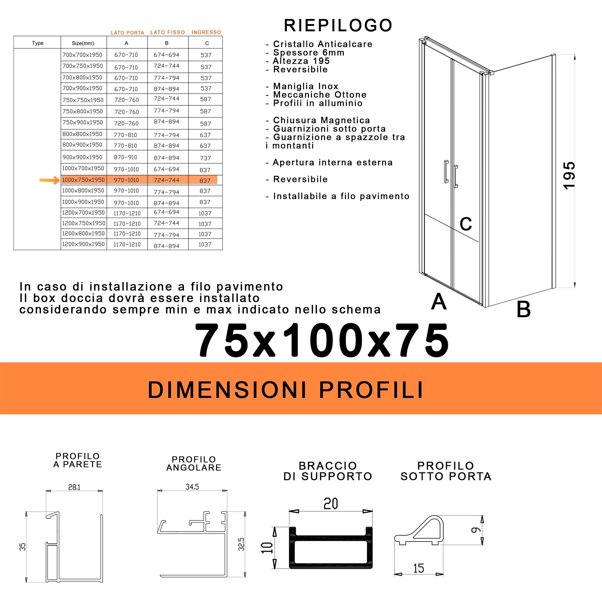 Box Doccia 3 Lati 75x100x75 cm 2 Ante Saloon in Cristallo Trasparente 6mm H195 Bonussi Marty