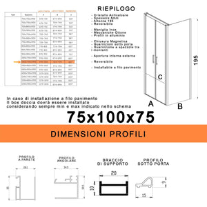 Box Doccia 3 Lati 75x100x75 cm 2 Ante Saloon in Cristallo Trasparente 6mm H195 Bonussi Marty