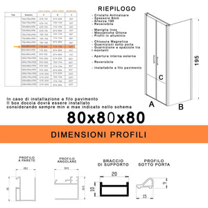 Box Doccia 3 Lati 80x80x80 cm 2 Ante Saloon in Cristallo Trasparente 6mm H195 Bonussi Marty