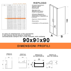 Box Doccia 3 Lati 90x90x90 cm 2 Ante Saloon in Cristallo Trasparente 6mm H195 Bonussi Marty