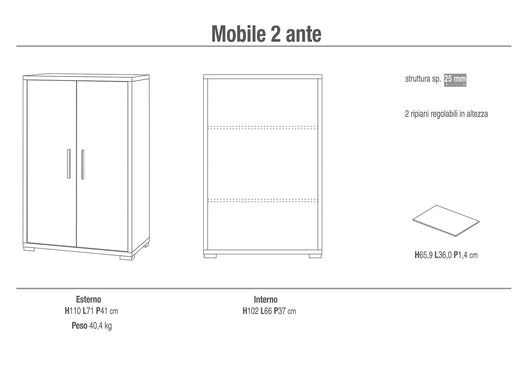 Mobile 2 Ante 71x110x41 cm Ossido Bianco/Cemento