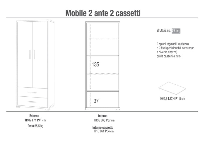 Armadio 2 Ante 2 Cassetti 71x182x41 cm Ossido Bianco/Cemento