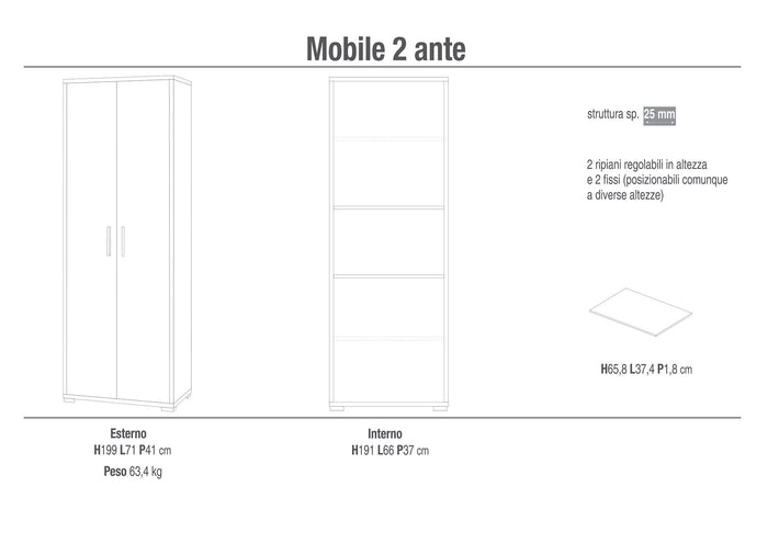 Armadio 2 Ante 71x199x41 cm Cemento