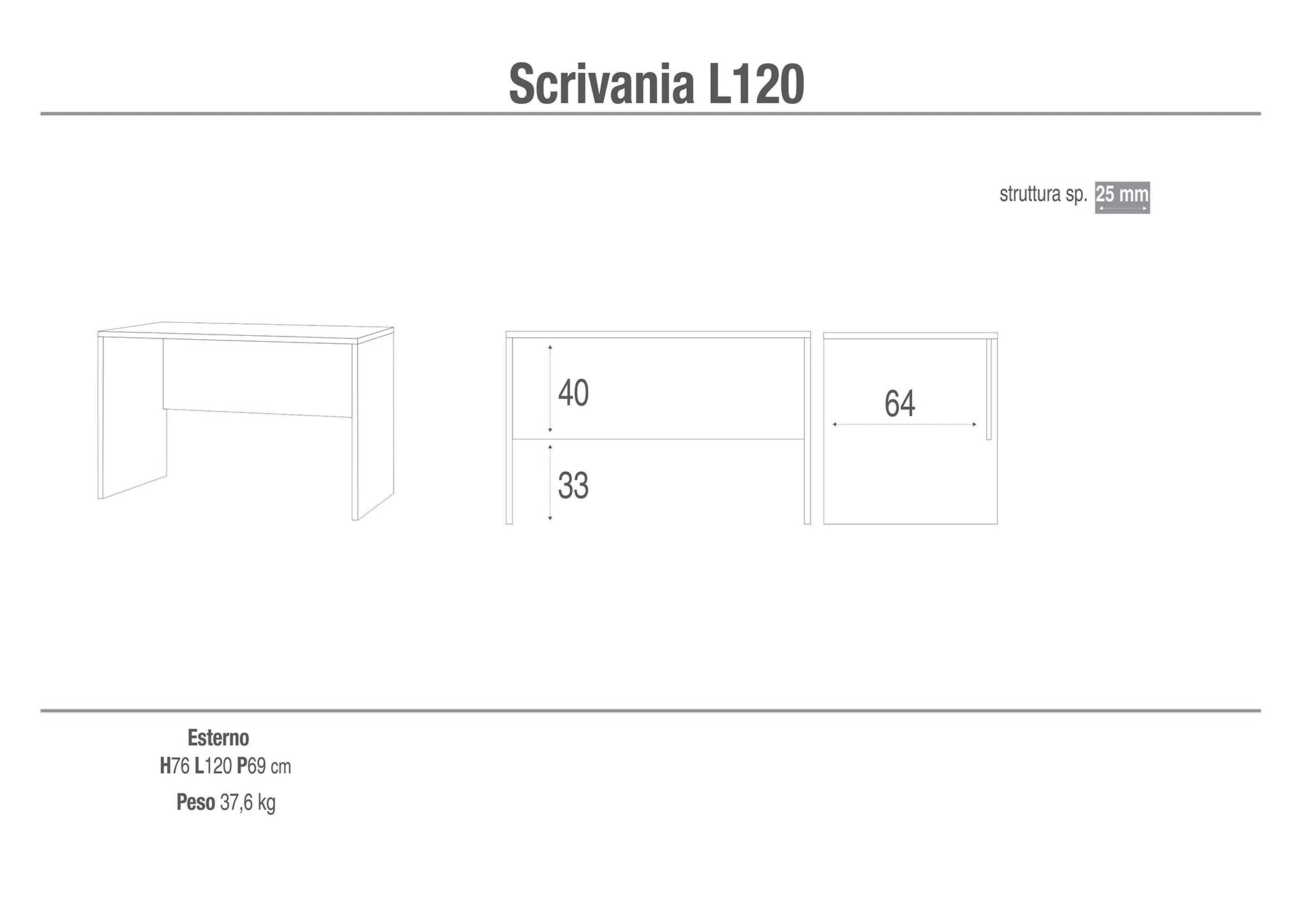 Scrivania 120x76x69 cm Cemento