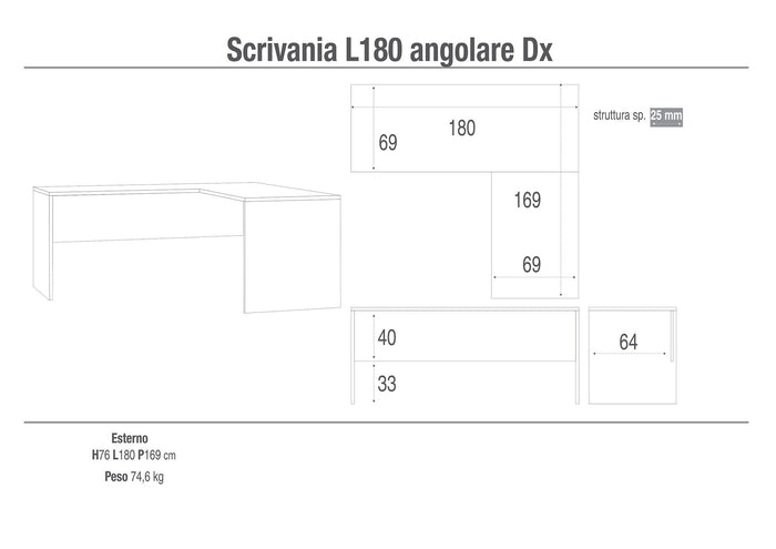 Scrivania Angolare Dx 180x76x169 cm Cemento