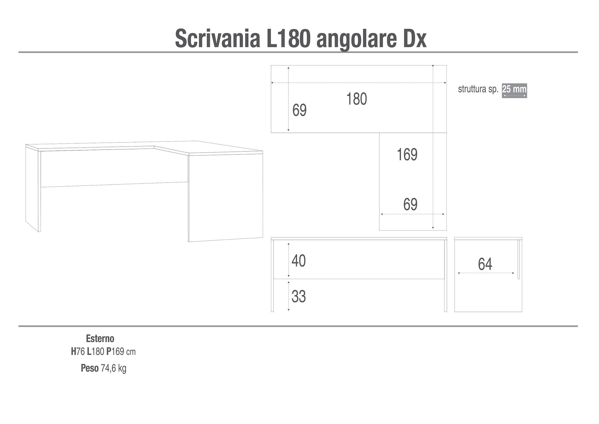 Scrivania Angolare Dx 180x76x169 cm Ossido Bianco