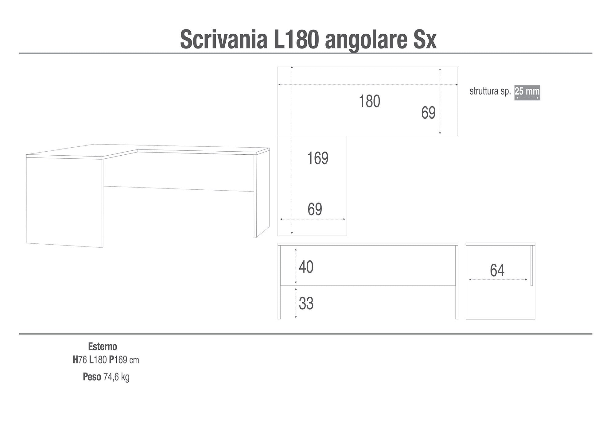 Scrivania Angolare Sx 180x76x169 cm Cemento