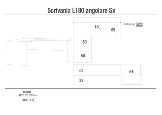 Scrivania Angolare Sx 180x76x169 cm Cemento