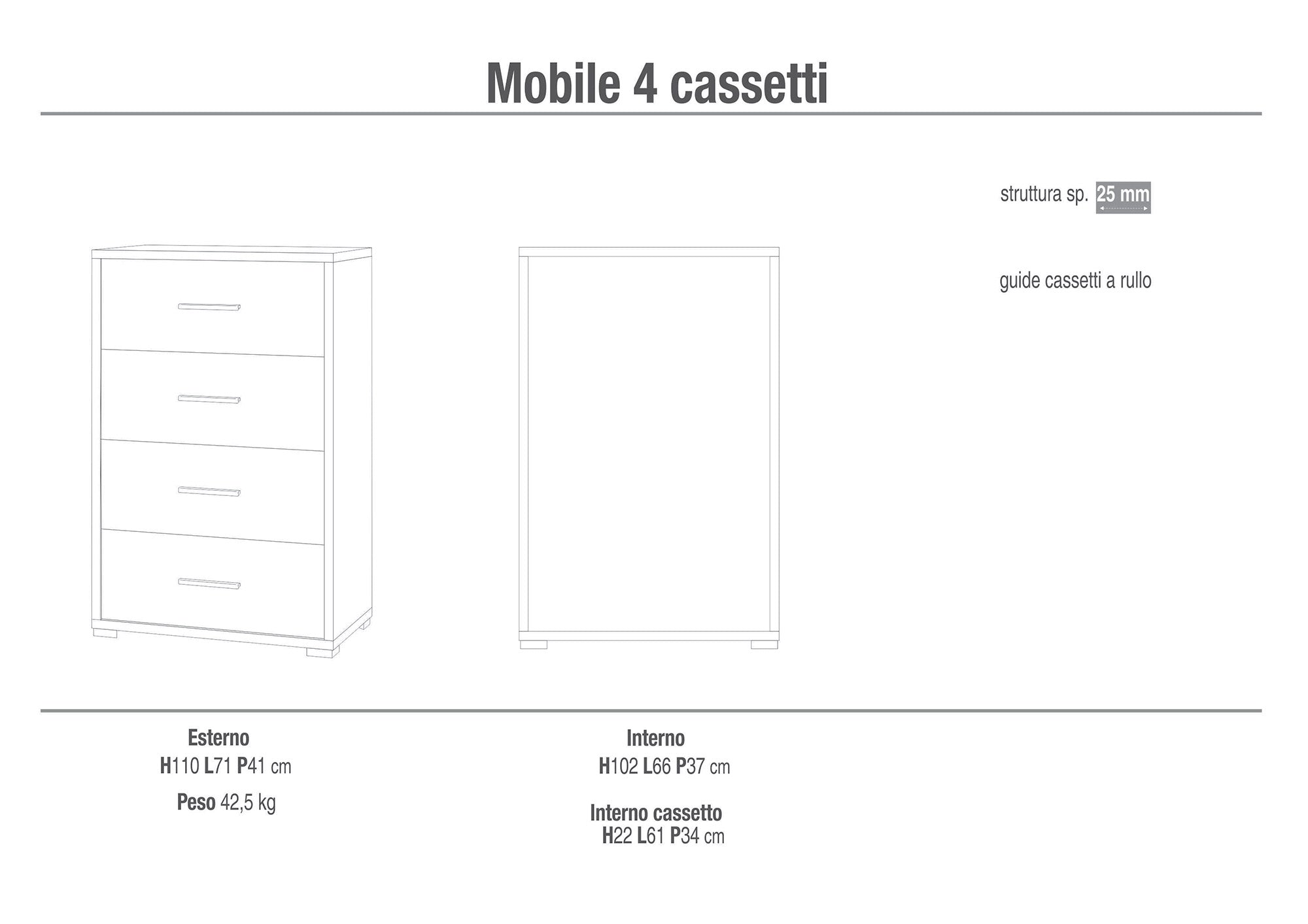 Cassettiera con 4 Cassetti 71x110x41 cm Cemento