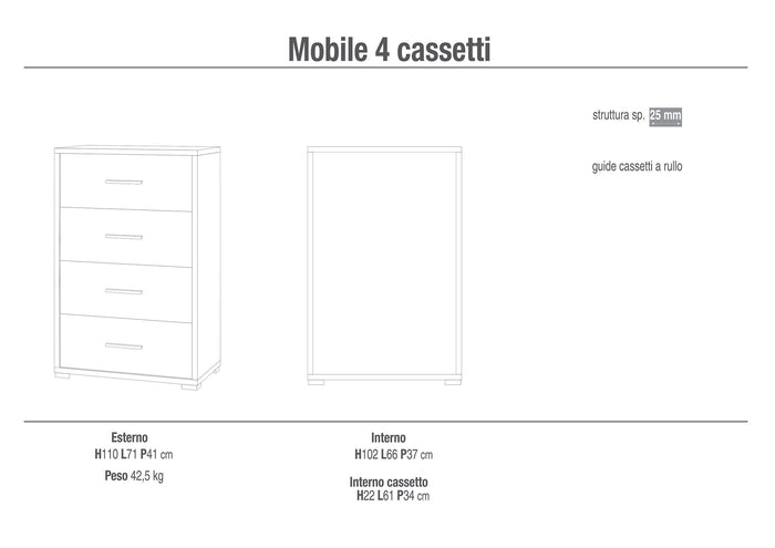 Cassettiera con 4 Cassetti 71x110x41 cm Cemento