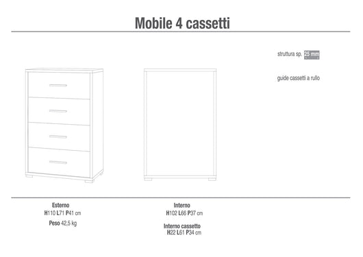 Cassettiera con 4 Cassetti 71x110x41 cm Ossido Bianco