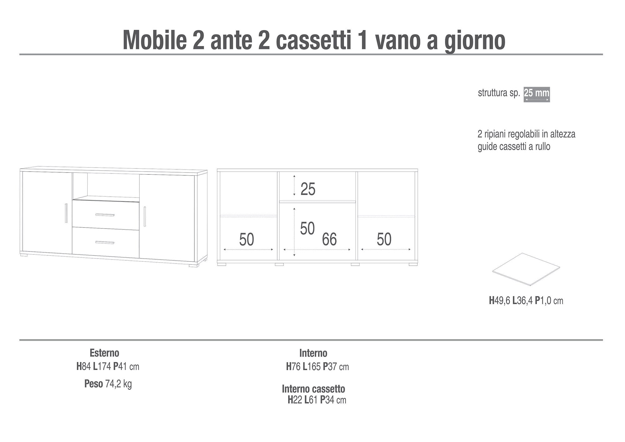 Mobile 2 Ante 2 Cassetti 174x84x41 cm Cemento