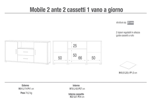 Mobile 2 Ante 2 Cassetti 174x84x41 cm Cemento