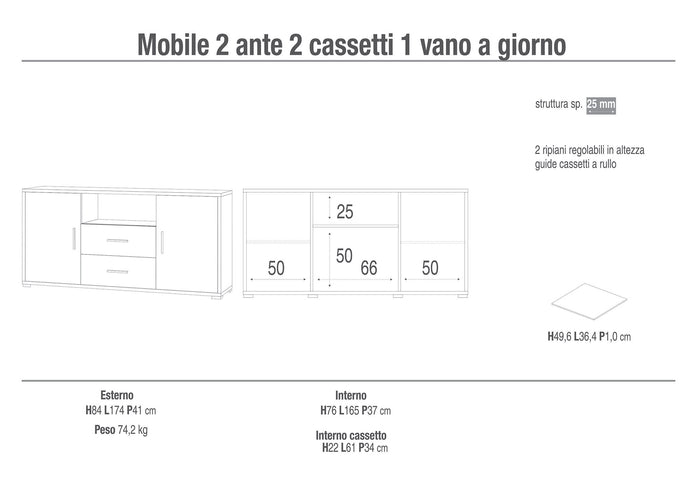 Mobile 2 Ante 2 Cassetti 174x84x41 cm Cemento/Ossido Bianco