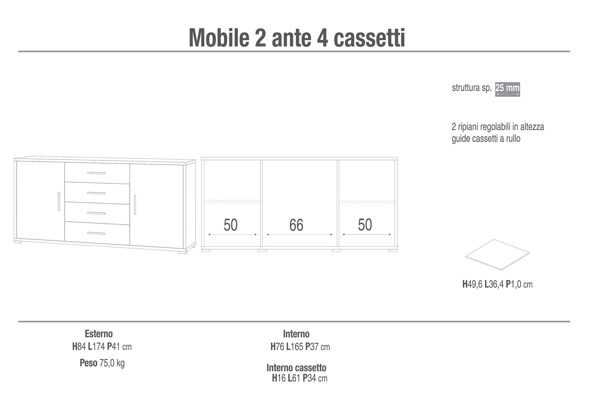 Mobile 2 Ante 4 Cassetti 174x84x41 cm Cemento/Ossido Bianco