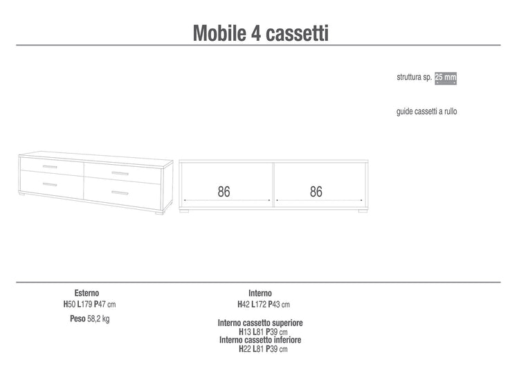 Mobile con 4 Cassetti 179x50x47 cm Cemento