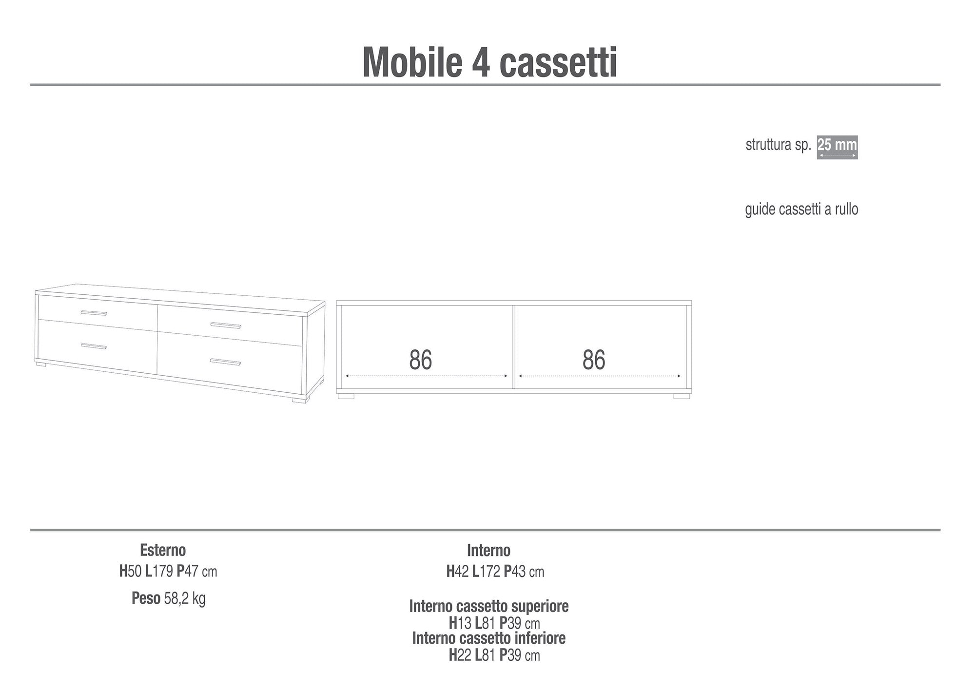 Mobile con 4 Cassetti 179x50x47 cm Cemento/Ossido Bianco