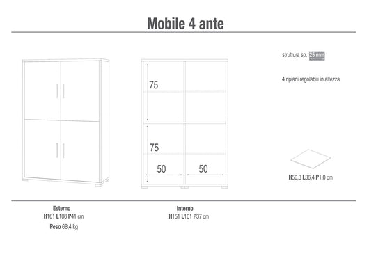 Mobile con 4 Ante 108x161x41 cm Ossido Bianco/Cemento