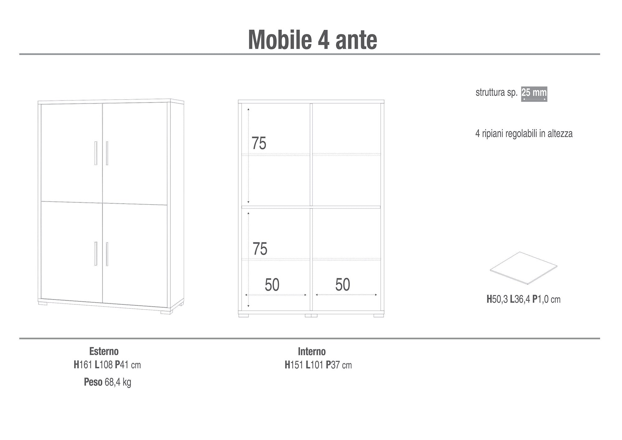 Mobile con 4 Ante 108x161x41 cm Ossido Bianco