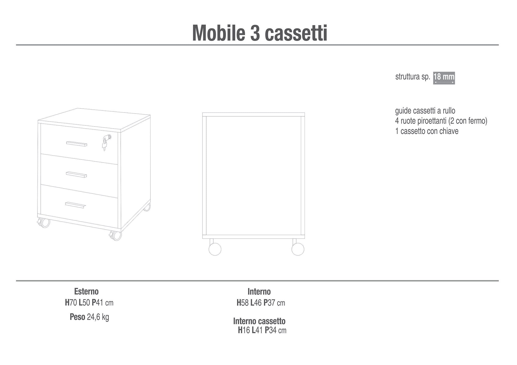 Cassettiera 3 Cassetti su Ruote 50x70x41 cm Bianco Fiammato/Olmo Chiaro